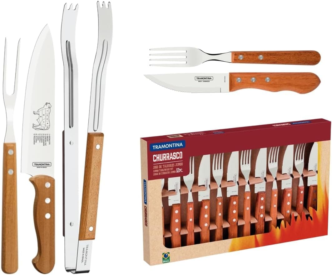 Kit para Churrasco Tramontina Jumbo 15 Peças Aço Inox com Cabos de Madeira