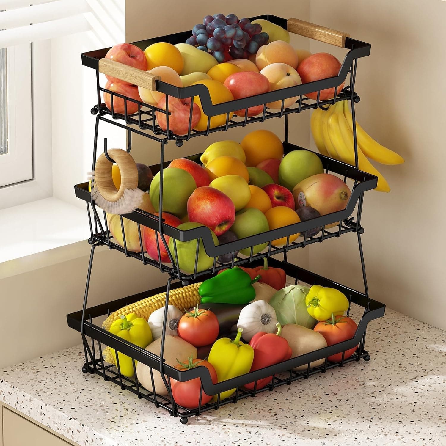 Fruteira de Mesa 3 Andares, Cesto de Frutas de Metal com Alça, Organizador Multifuncional de Frutas e Verduras