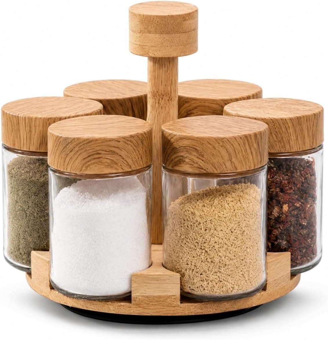 Porta Temperos Bambu com 6 Potes de Vidro e Suporte Giratório