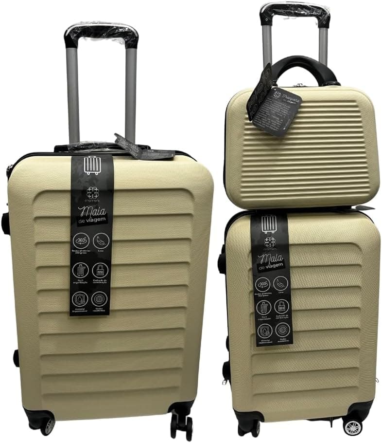 Kit 3 Malas de Viagem em ABS 23kg, 10kg e Frasqueira com Trava de Senha (Bege)