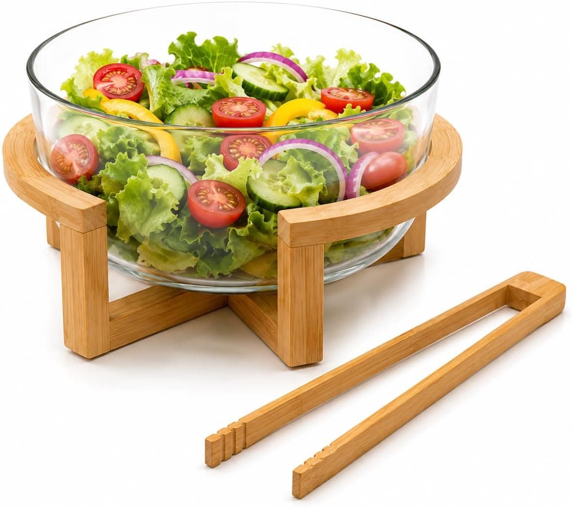 Saladeira de Vidro com Base em Bambu e Pegador Pinça 21cm
