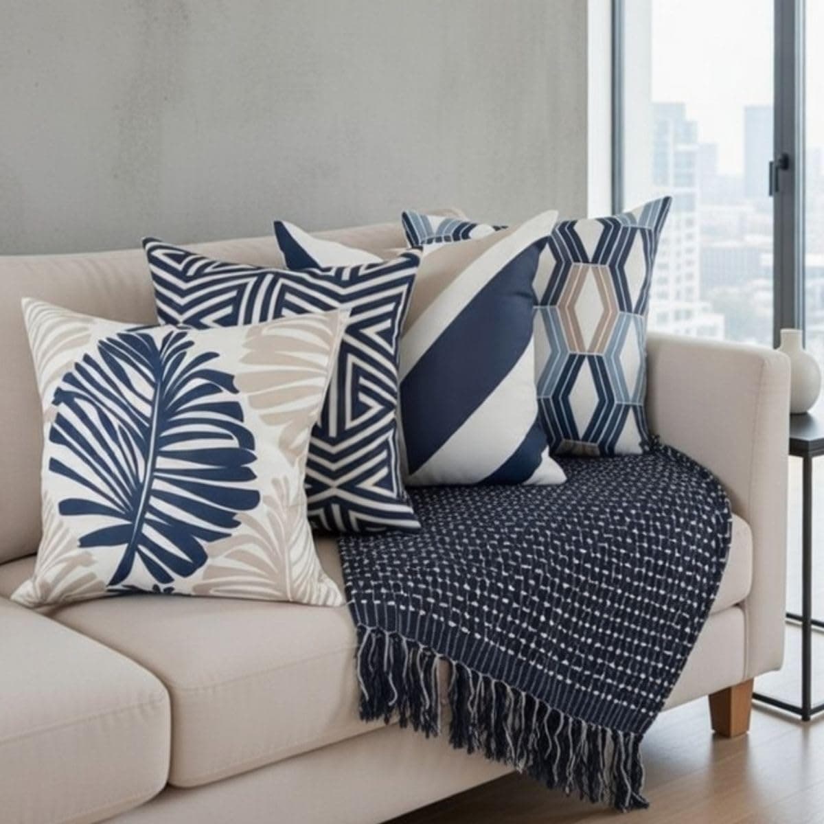 Kit 4 Capas de Almofadas Decorativas Geométrica Abstrata Moderna Azul e Bege 45x45cm