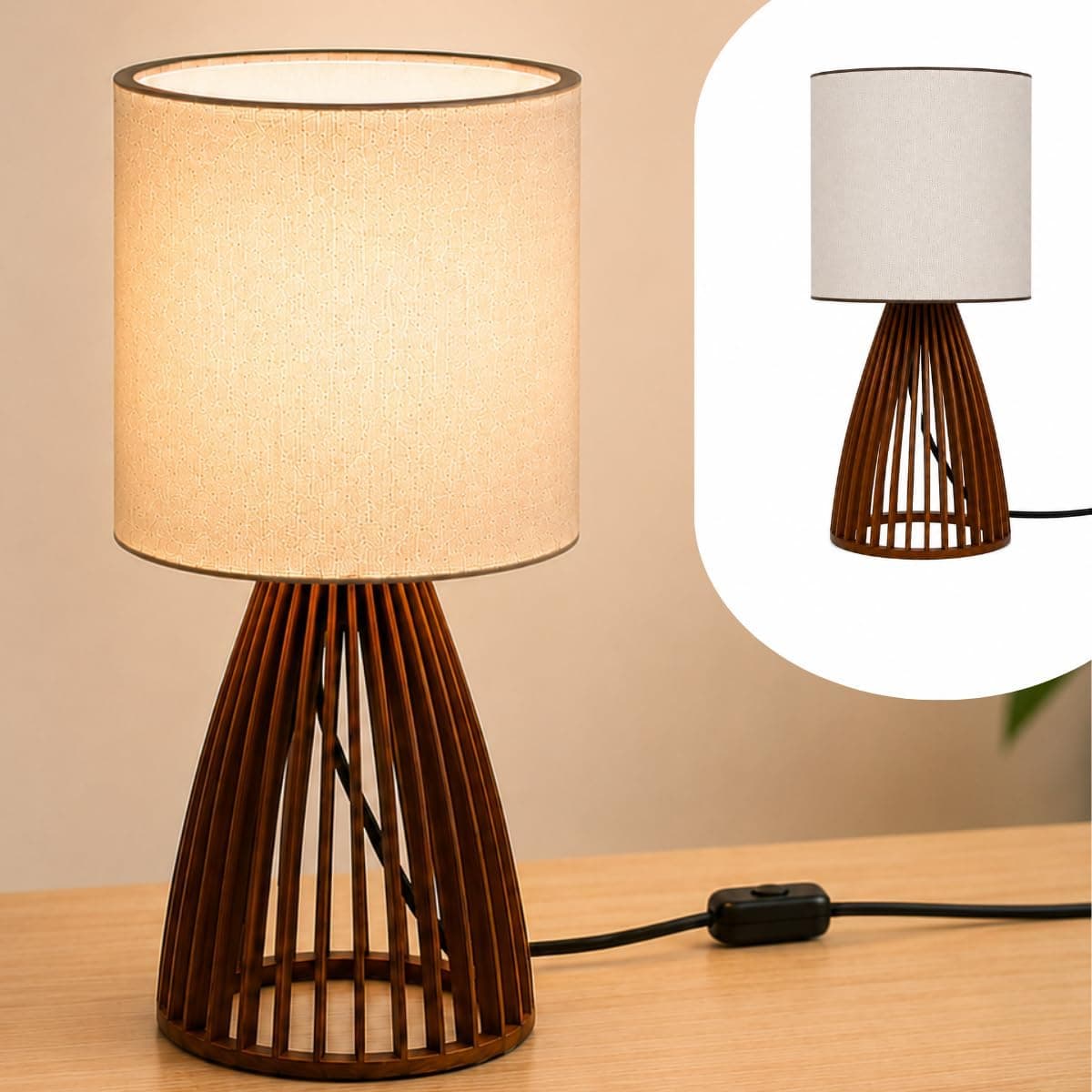 Luminária De Mesa Abajur Sillen 41 cm Decorativo MDF Imbuia Cúpula Clara Iluminação Suave Para Quarto Sala