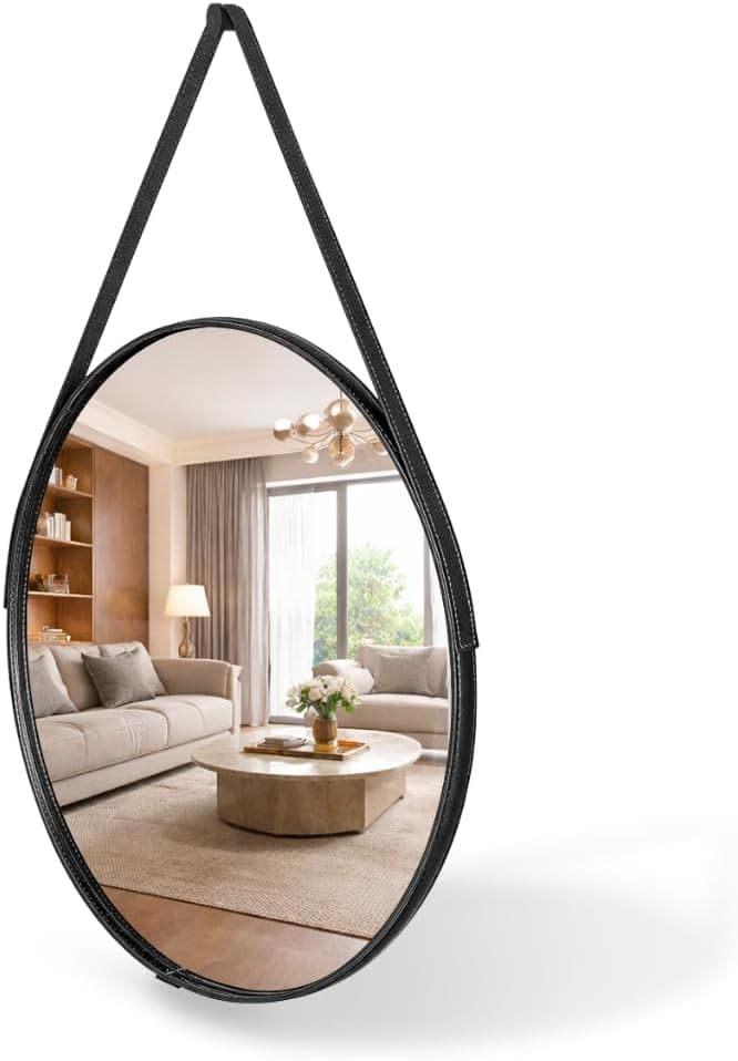 Espelho Redondo Decorativo 60cm com Alça de Couro, Espelho de Parede Multiuso para Sala, Quarto e Banheiro