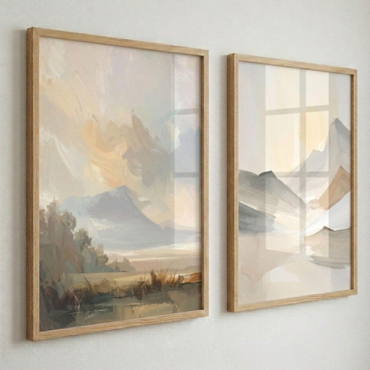 Kit 2 Quadros Decorativos Paisagem Abstrata Estilo Boho com Moldura em Madeira Pinus Natural e Vidro Real