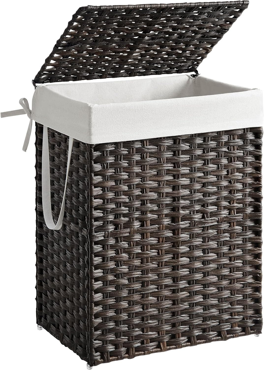 SONGMICS Cesto de Roupa Suja de Vime Sintético, com Tampa e Saco Removível, 90 L, 46 x 33 x 61 cm, Dobrável